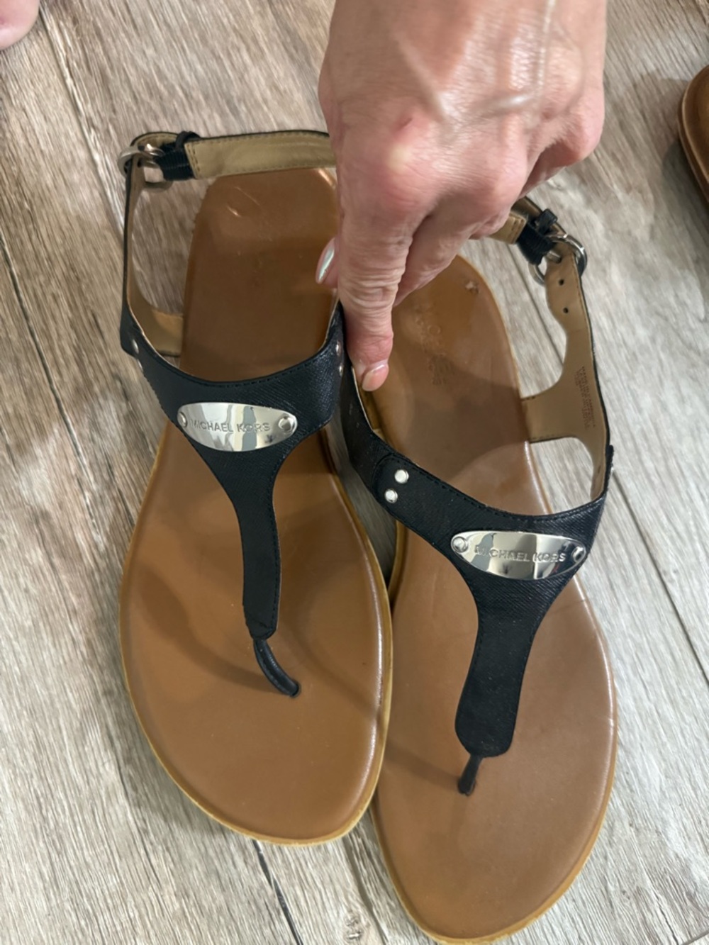 Michael Kors Black Leather T-Strap Sandals with Tan Footbed